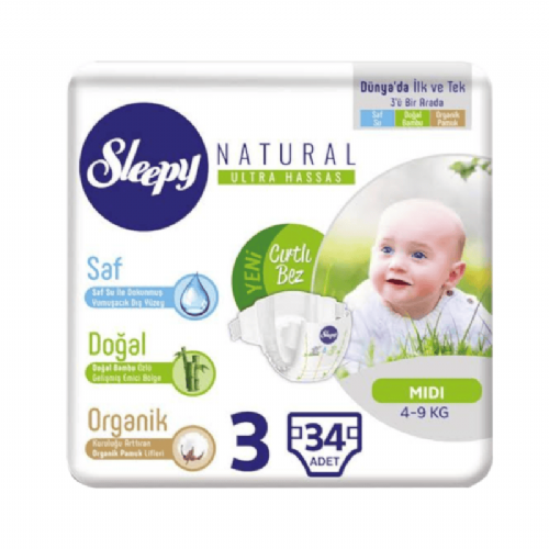 Sleepy Natural Ultra Hassas Bebek Bezi Midi 3 Numara 4-9 kg 34 Adet