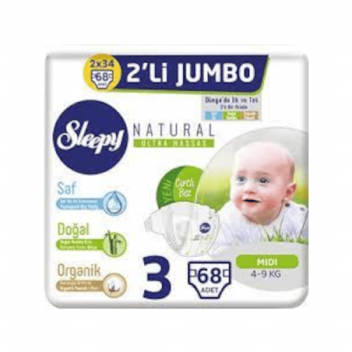 Sleepy Natural Ultra Hassas Bebek Bezi 3 Numara Midi 4-9 Kg 68 Adet